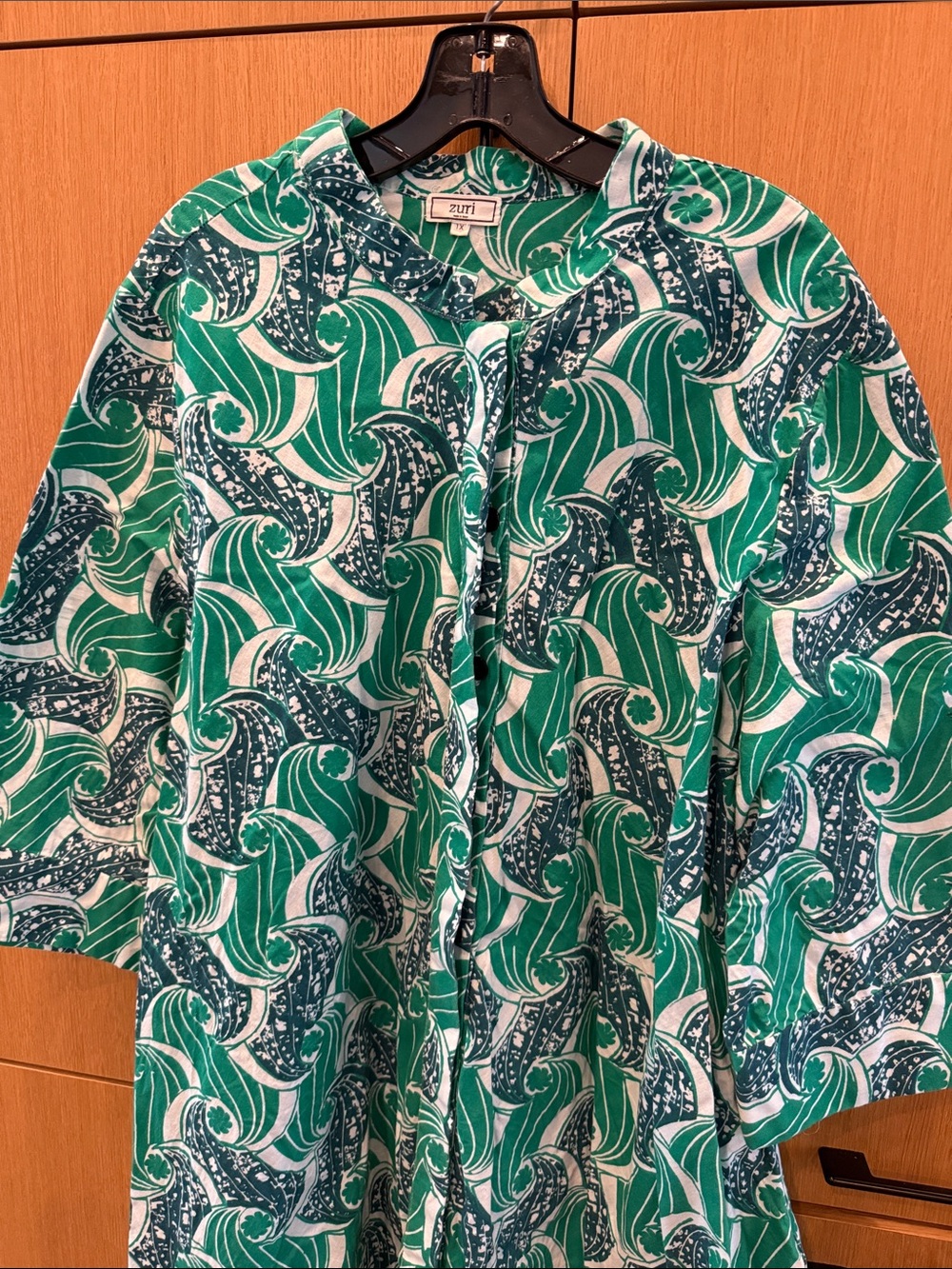 Zuri Dress in Green / Blue Colors Button Down Mock Neck 3/4 Sleeve Size 1X - Picture 3 of 7